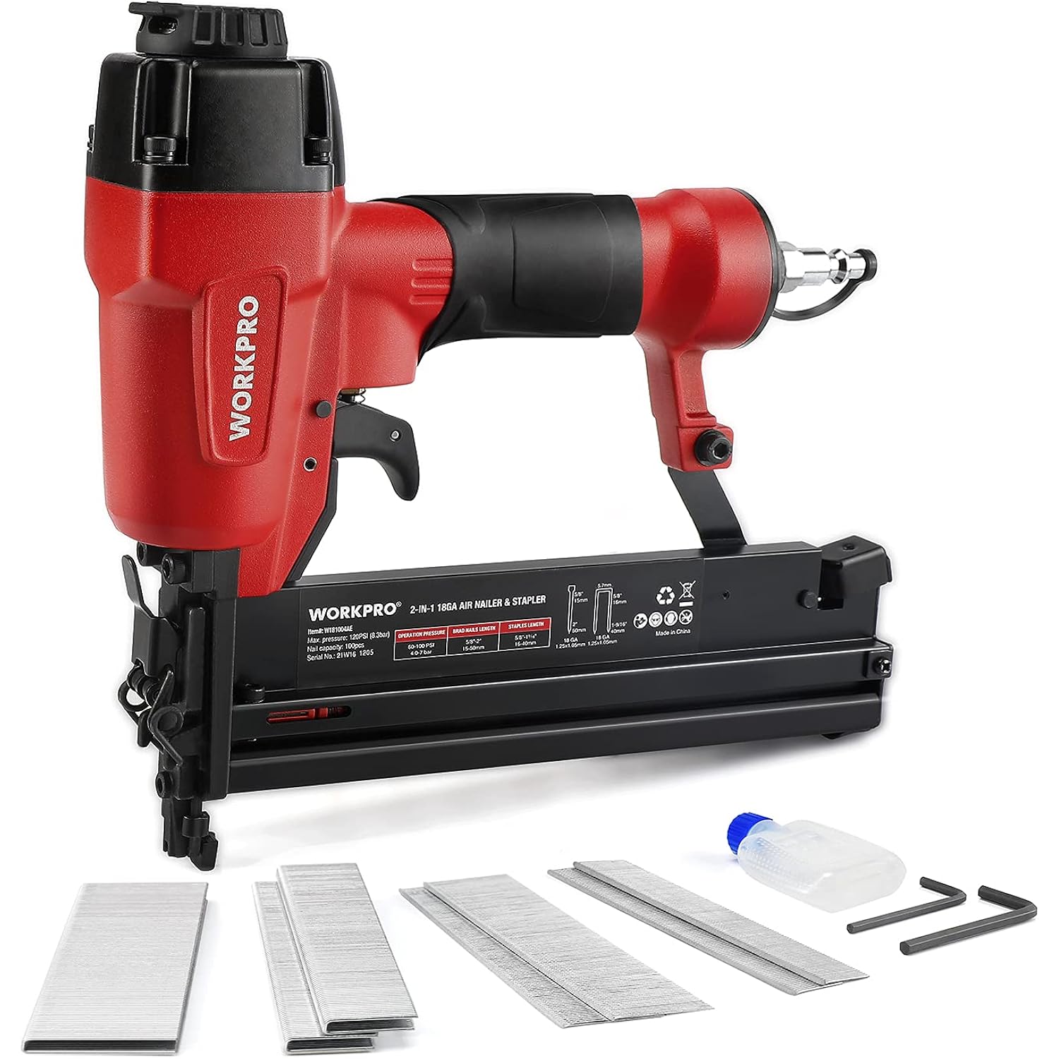 WORKPRO Pneumatic 2 in 1 Brad Nailer with 400pcs Nails/ 300 Pcs Staple ...
