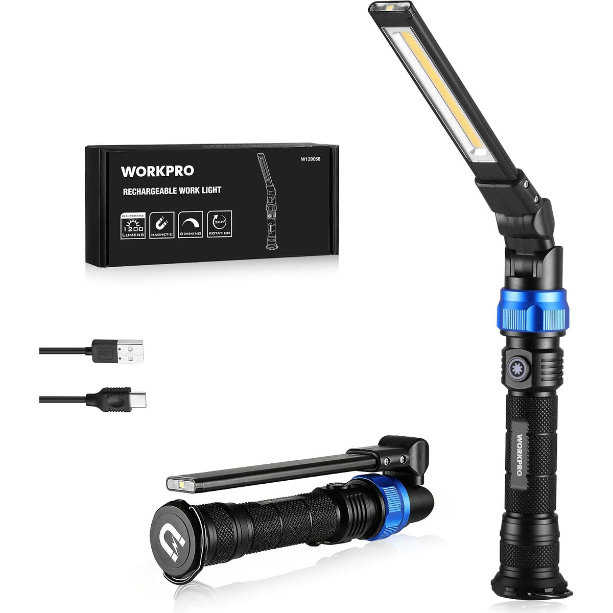 WORKPRO rechargeable work light kit with flashlight, charging cables, and retail packaging box.