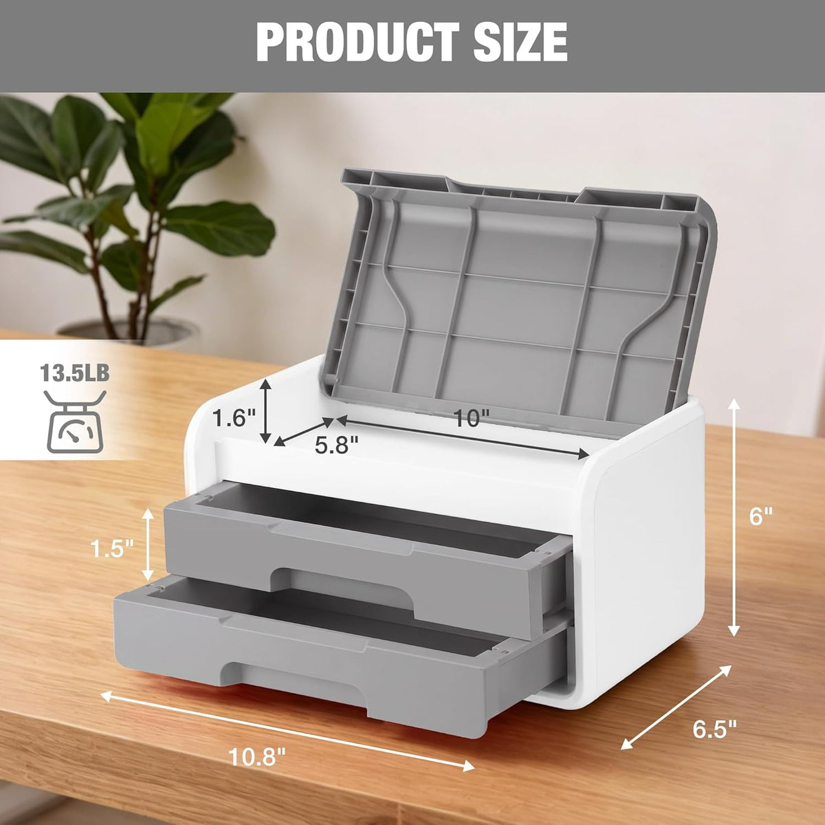 Grey and white desktop drawer organizer with flip-top lid and two drawers on tabletop