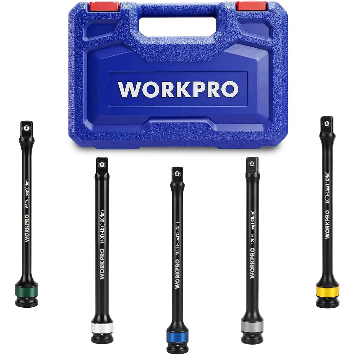 Torque stick set in blue case with five black 1/2 drive extensions