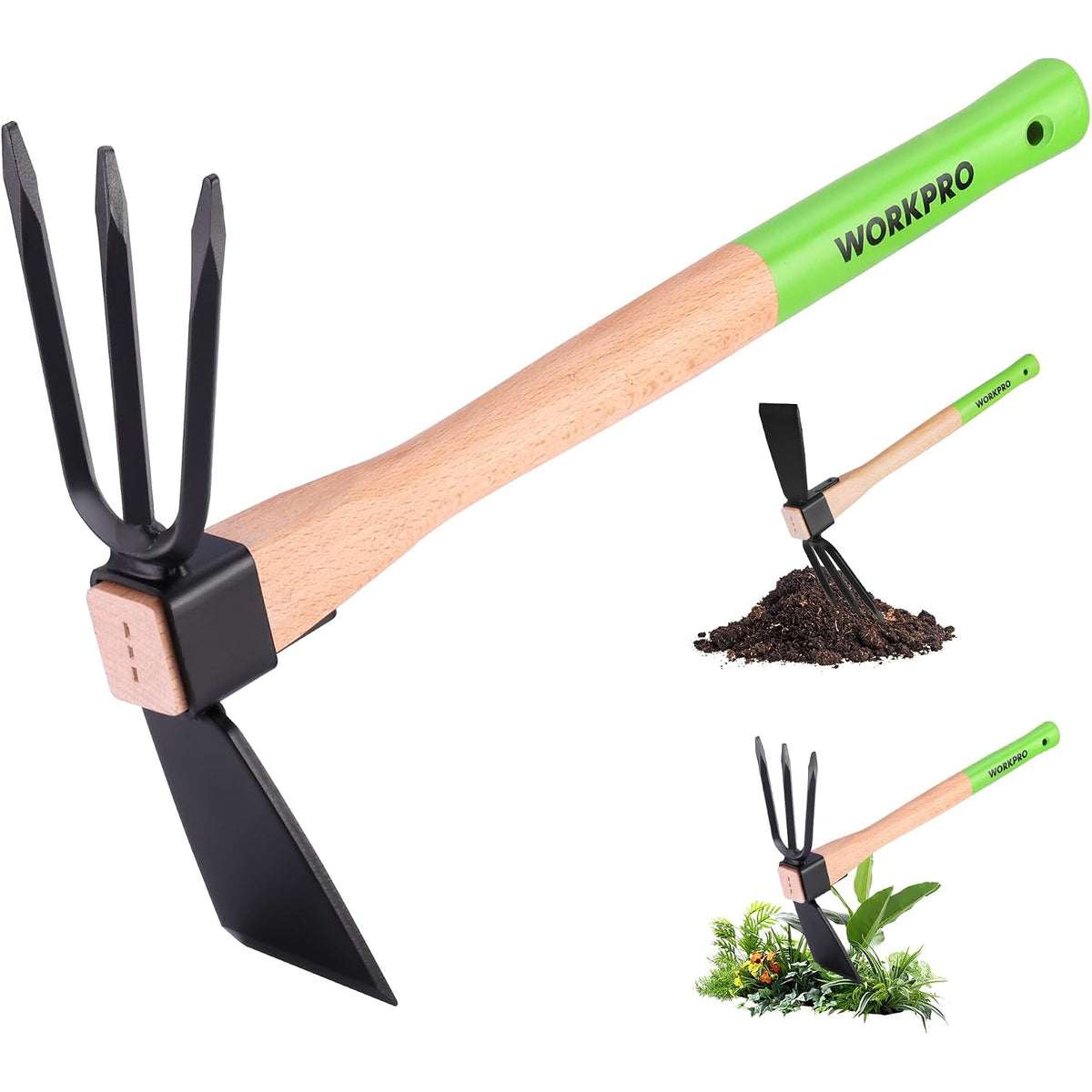 Garden hoe and cultivator tool with wooden handle, green sleeve, black hoe blade and 3-tine rake
