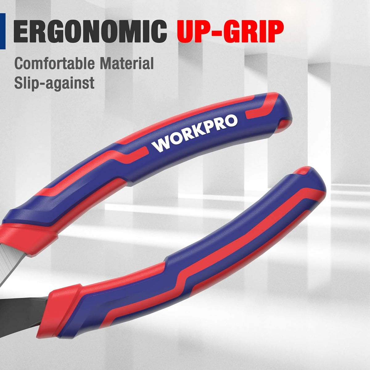 Ergonomic slip joint pliers with blue and red soft handle grips