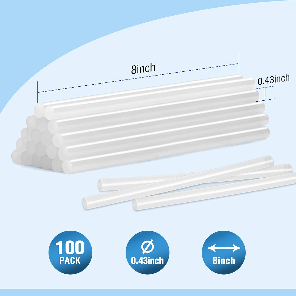 White full-size hot glue sticks, 8-inch long, 0.43-inch diameter, 100 pack