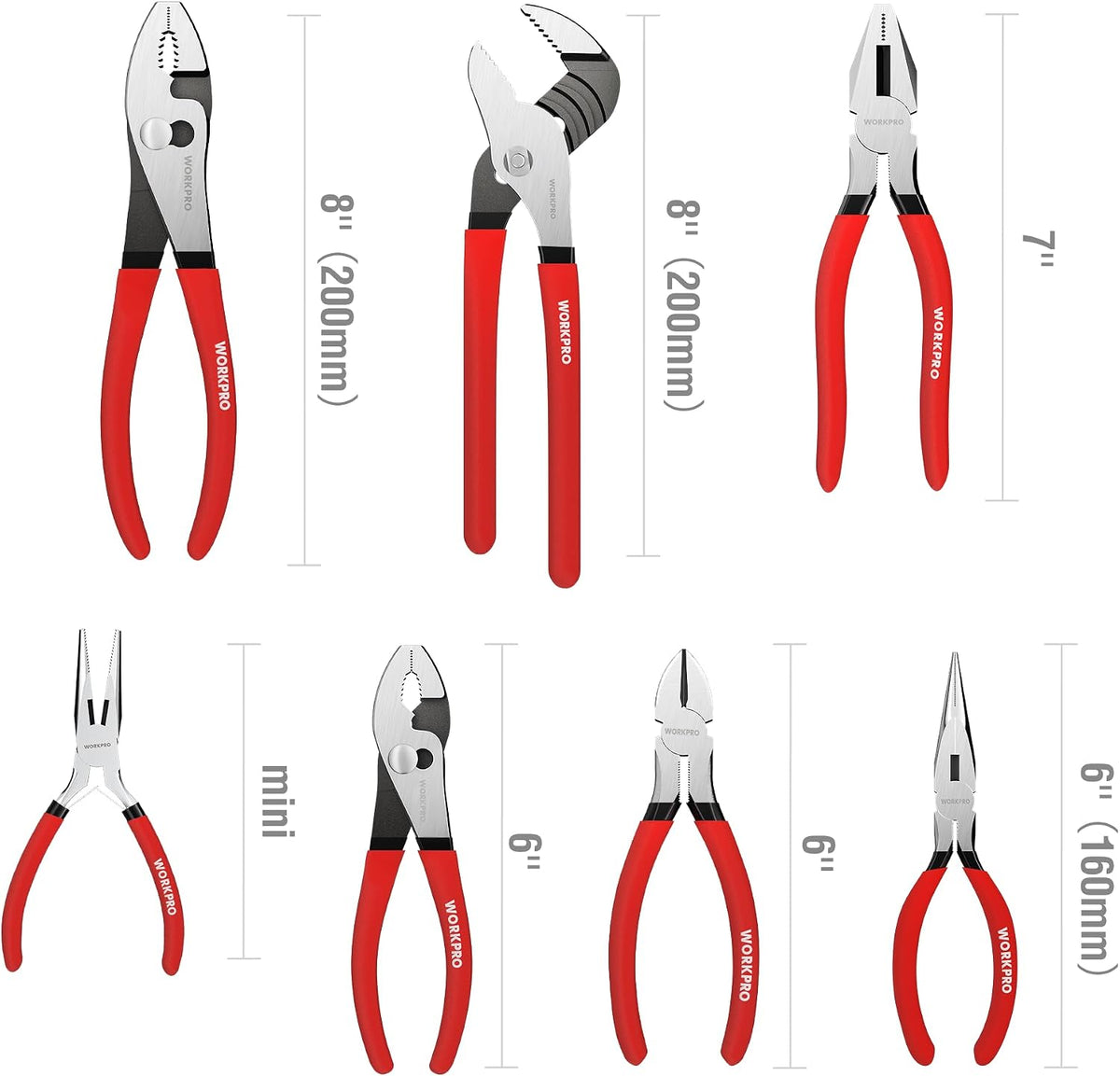 Seven pairs of WORKPRO pliers arranged in a grid on a white background, with size labels and measurement lines indicating 8-inch, mini, and 6-inch lengths.