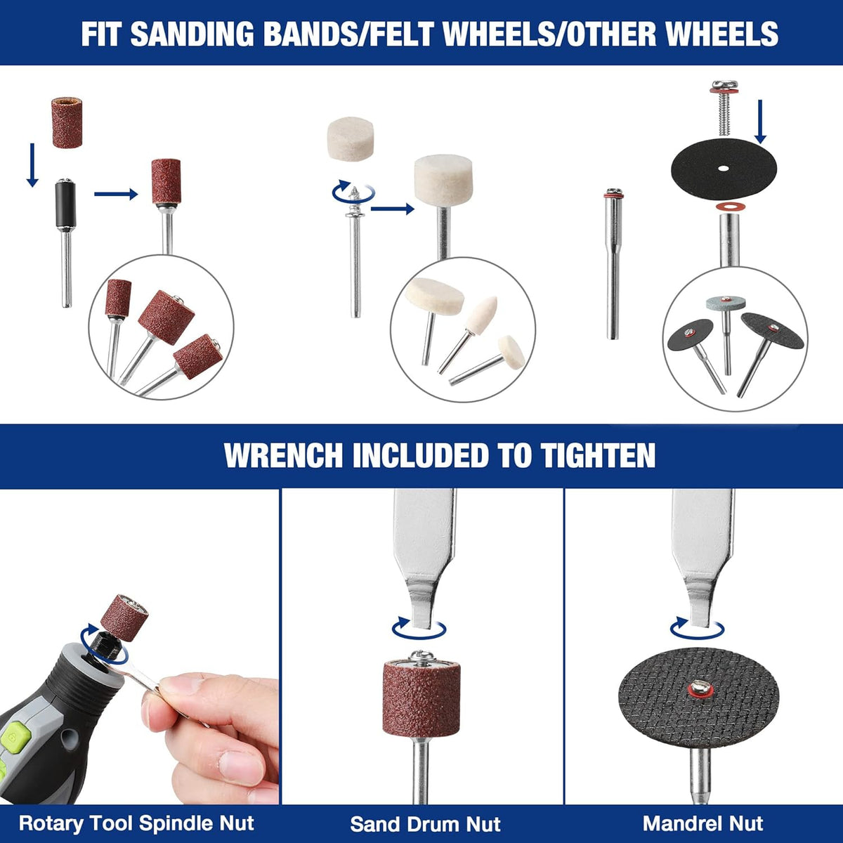 Sanding bands, felt wheels, and other rotary wheel attachments with included wrench