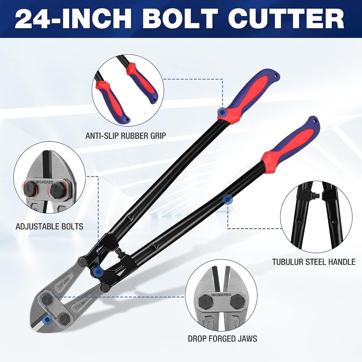 Workpro 24 inch bolt cutter in black and red with drop-forged jaws for cutting bolts, rods, rivets and chain