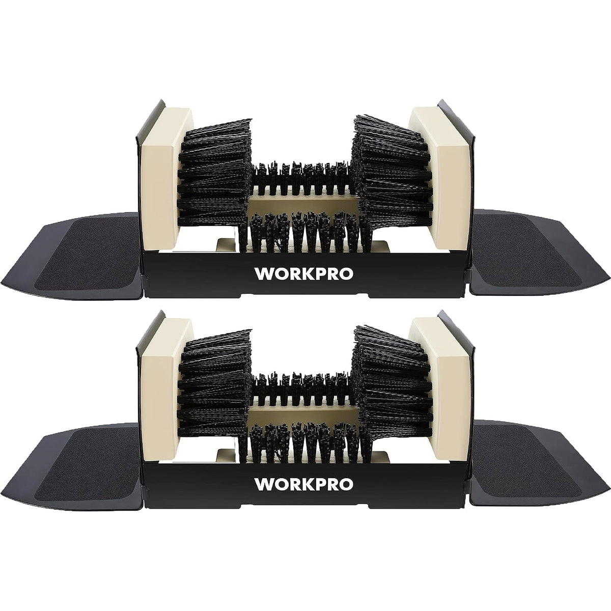 Workpro boot brush scraper 2 pack in black and cream with four-sided flex bristles, rubber mats and non-skid sandpaper.