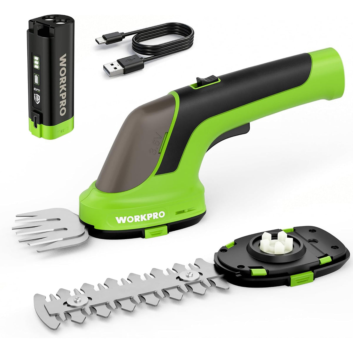 Cordless hedge and grass trimmer set with battery, USB Type-C cable, and spare blades