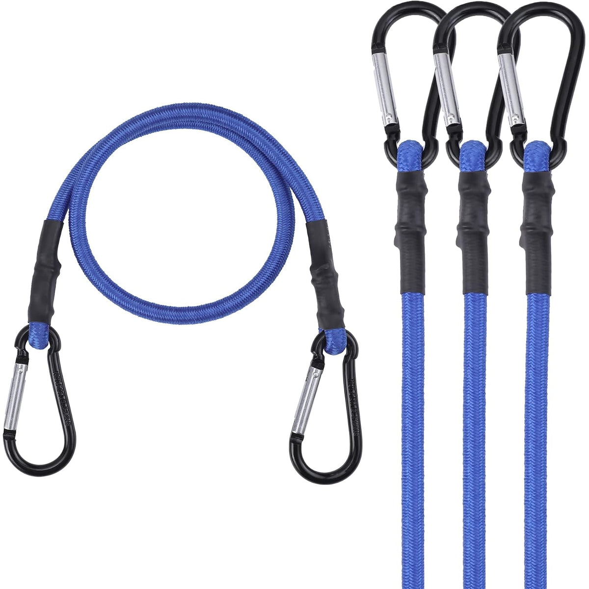 Set of four blue bungee cords with metal spring hooks and black rubber grips