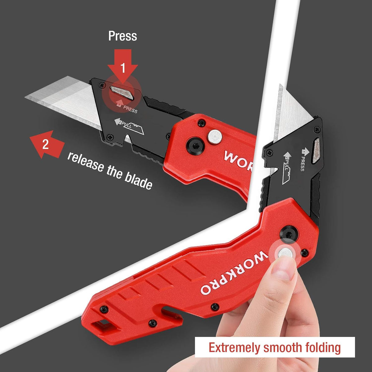 WORKPRO folding utility knife with red nylon handle, innovation quality high-quality secure durable convenient