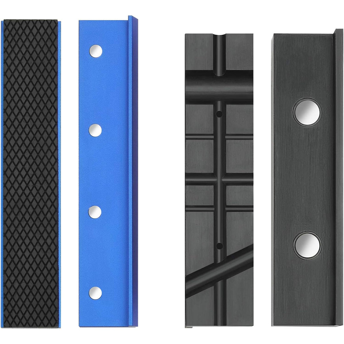 Assorted vise jaw pad inserts: black textured and blue pieces, plus two dark grooved pads