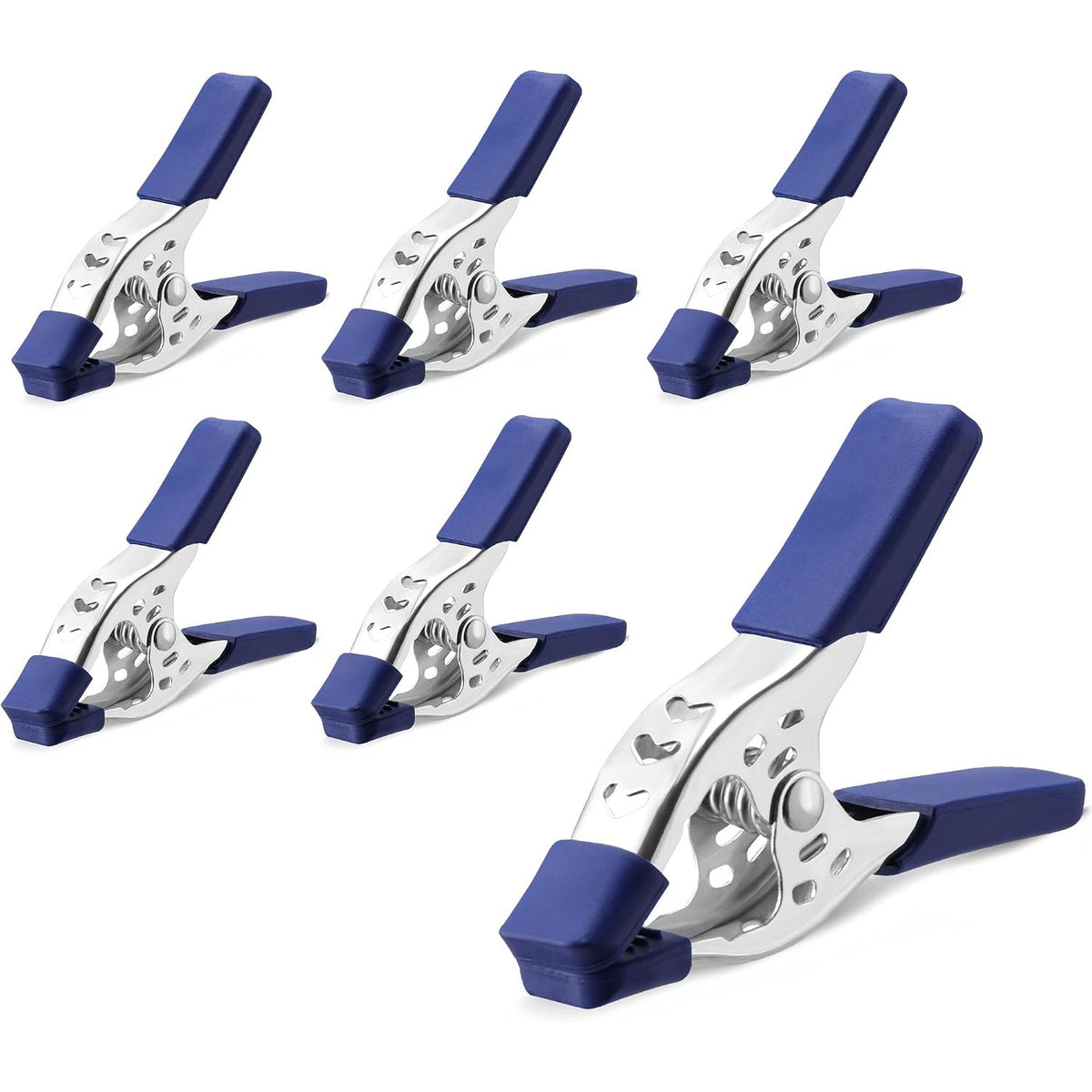 Workpro 4 inch spring clamps in blue and silver feature stamped steel construction for woodworking and DIY projects.