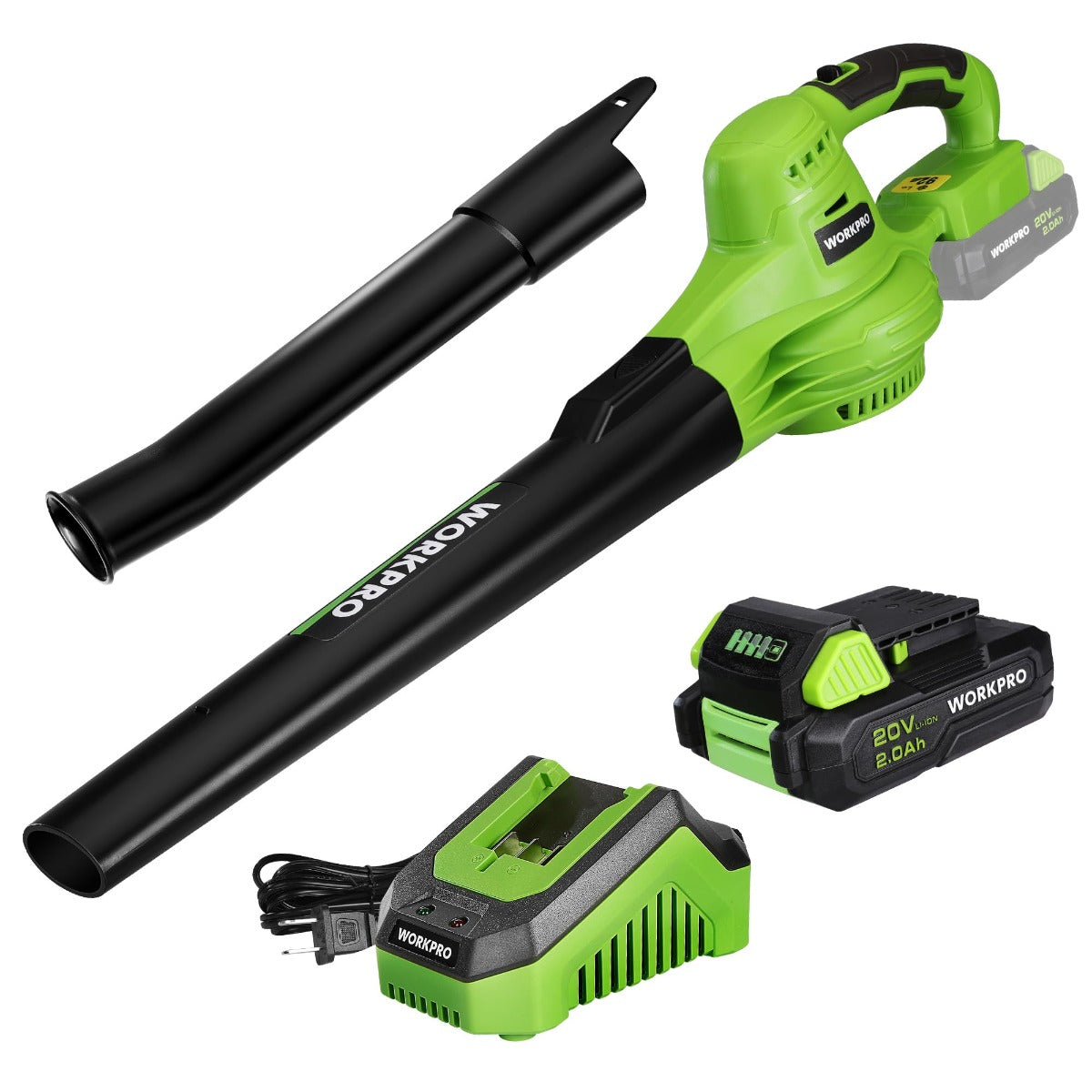 Green cordless leaf blower kit with two tubes, battery pack, and charger unit