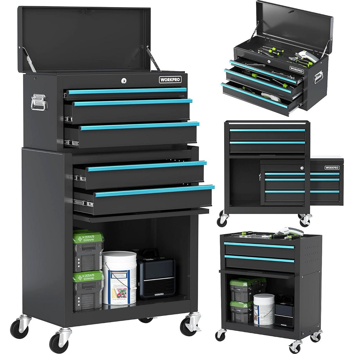 WORKPRO 5-Drawer Rolling Tool Chest in black with blue sliding metal drawers, innovation, quality, secure