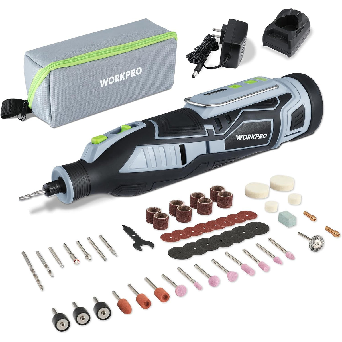 Cordless rotary tool kit with storage case, charger, battery, and assorted bit accessories