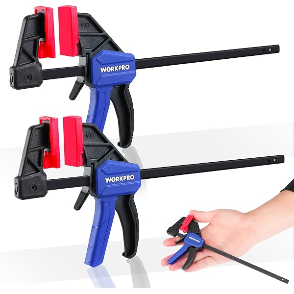 WORKPRO mini bar clamps, blue handles with black jaws and red pads