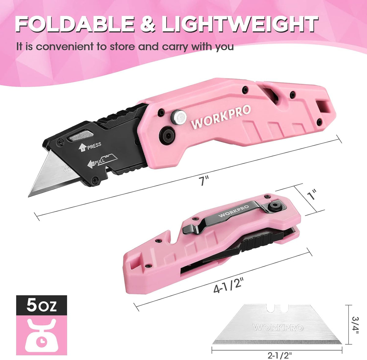 Pink and black folding utility knife with SK5 blade and blade storage slot