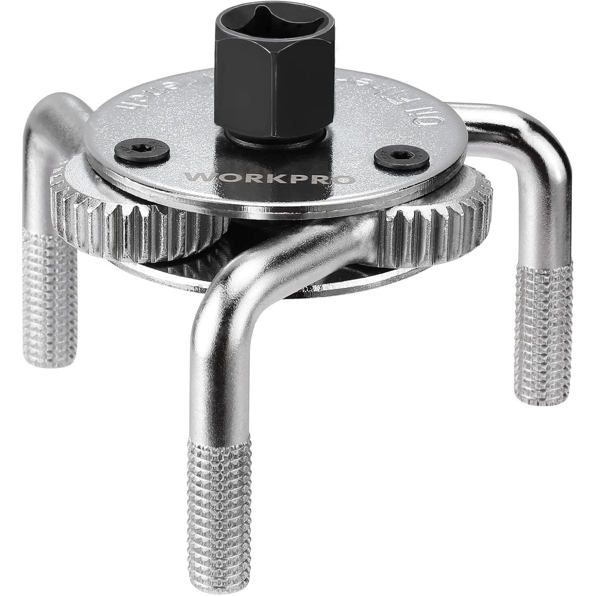 Stainless steel adjustable oil filter wrench head with ribbed jaws and black knob center