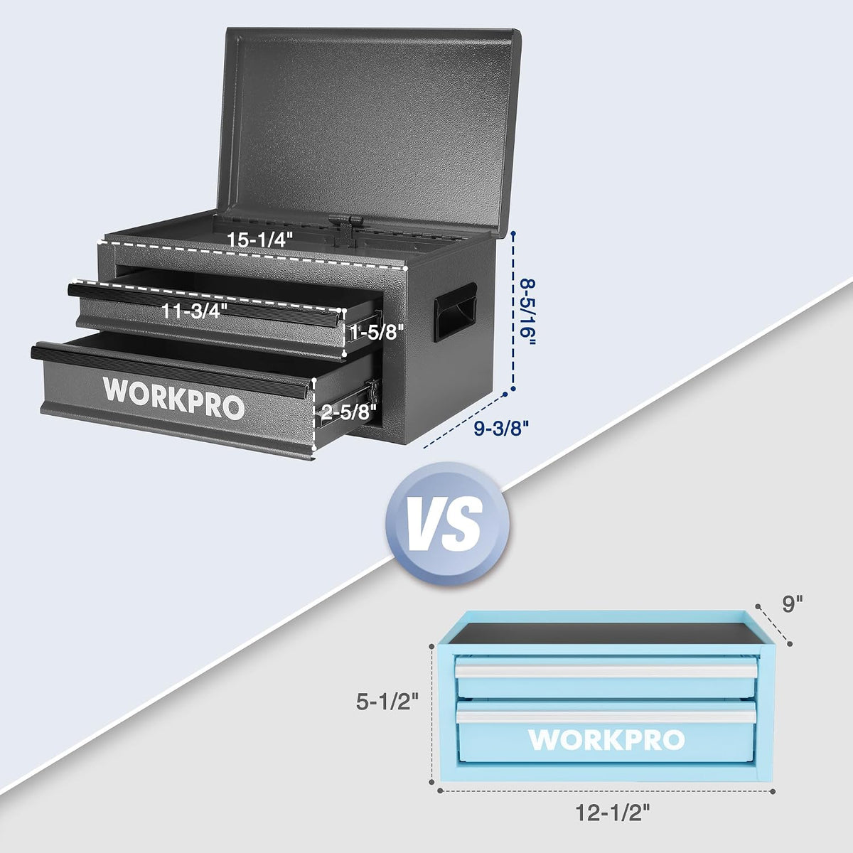 Workpro 15 inch heavy duty metal tool box with two drawers and top storage, featuring an integrated safety lock