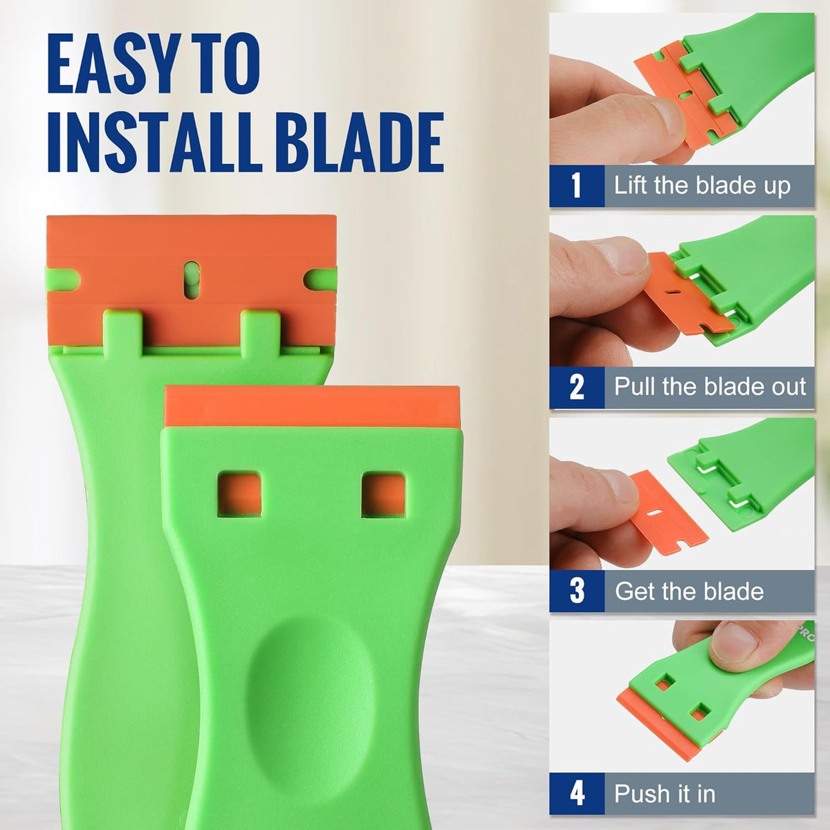 Green plastic razor blade scraper with removable blade clips