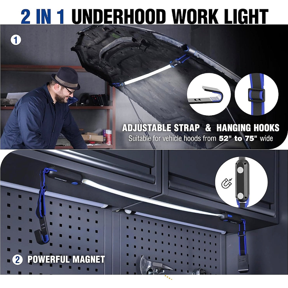 Underhood LED work light bar with adjustable strap, hanging hooks, and magnetic mount