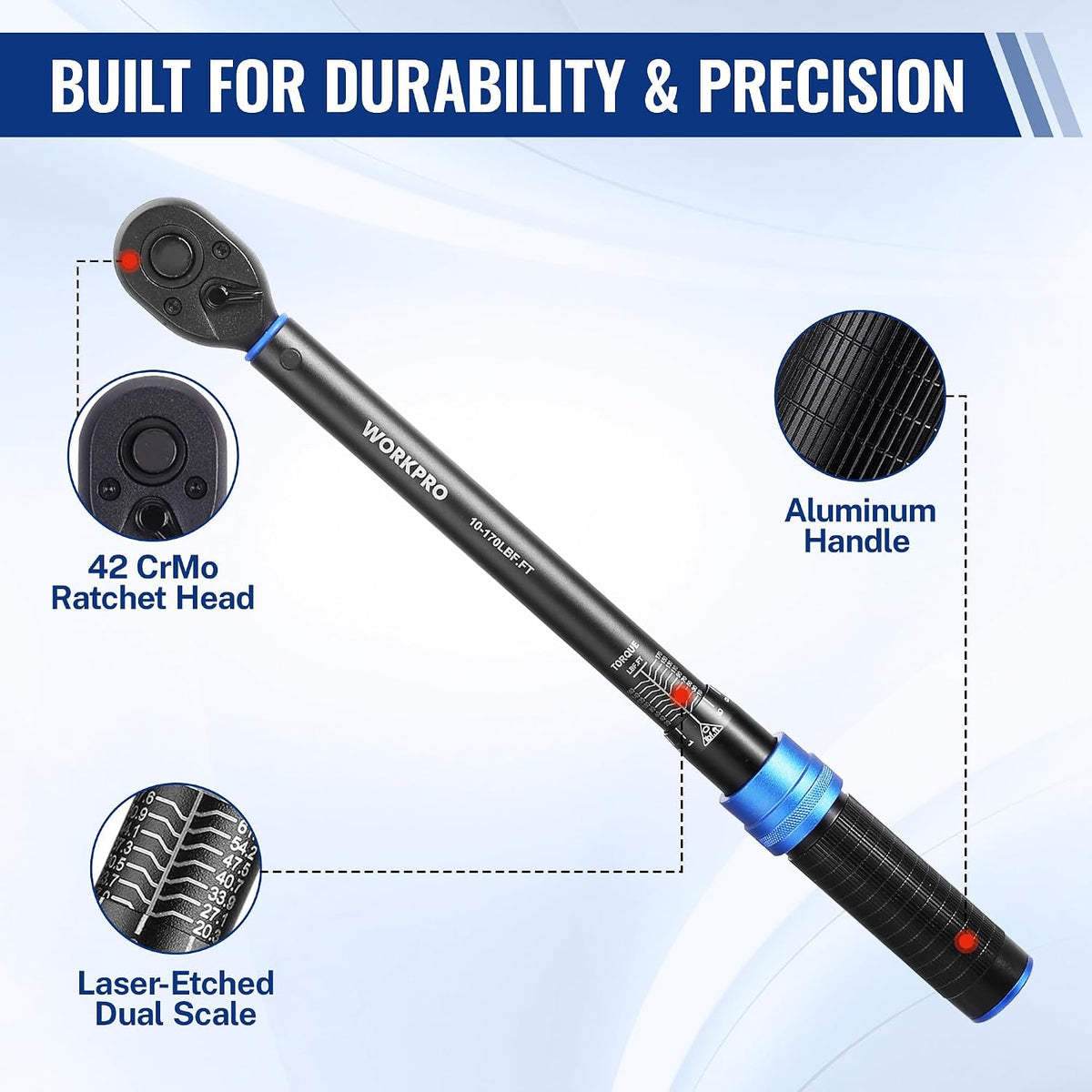 WORKPRO 1/2" Drive Click Torque Wrench, 10-170 ft-lb, ±3% Accuracy