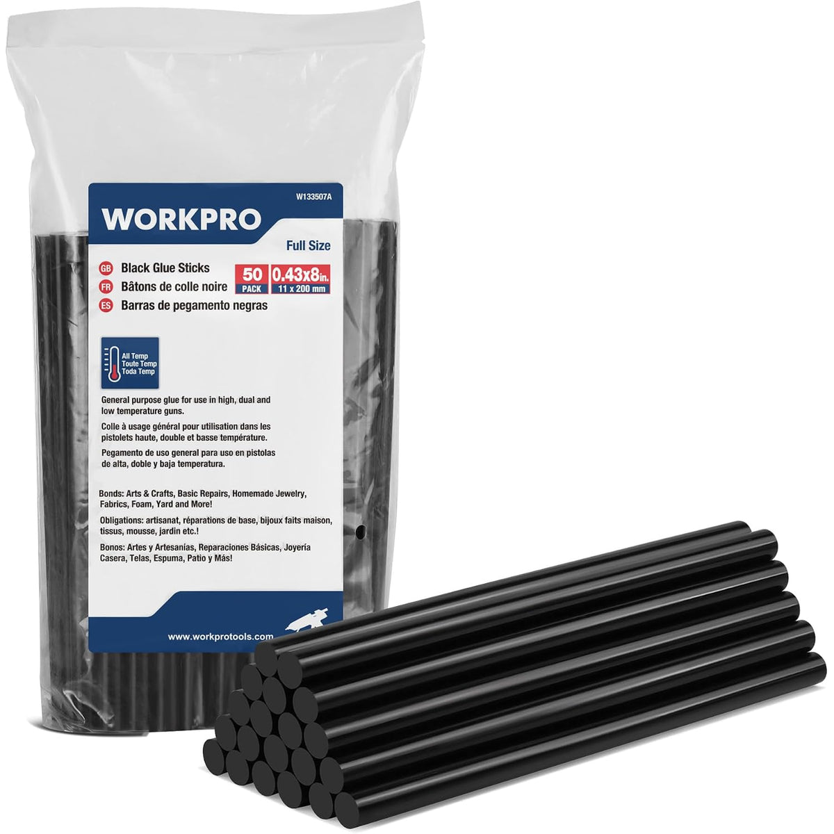 WORKPRO full-size black hot melt glue sticks, bag packaging with 50-pack sticks