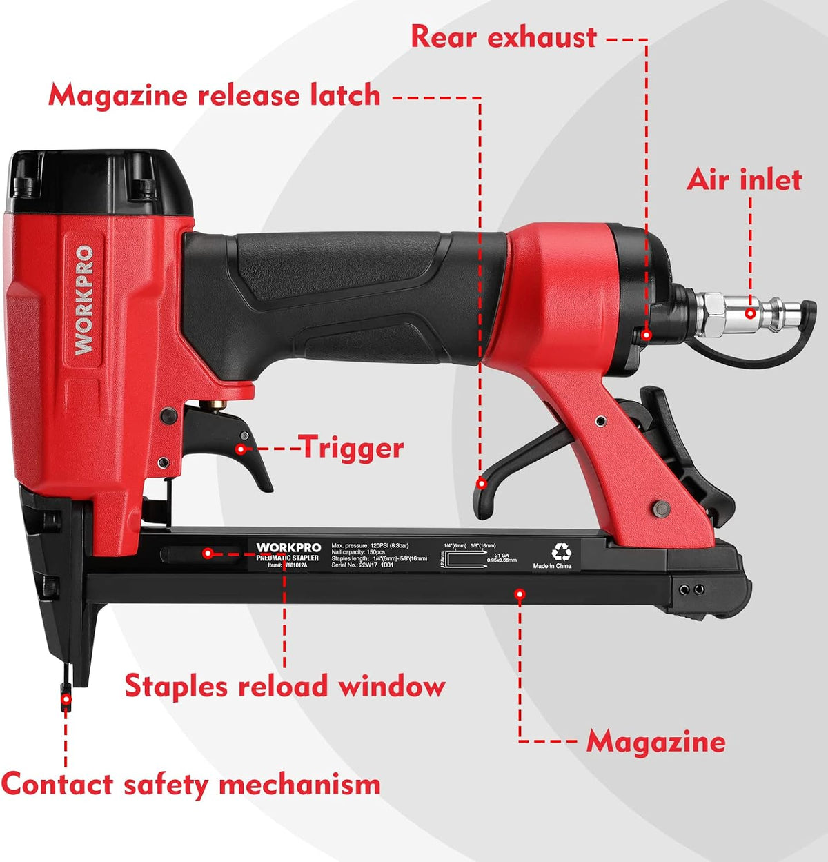 WORKPRO Pneumatic 21 gauge staple gun in red and black with secure rear exhaust design and quality build