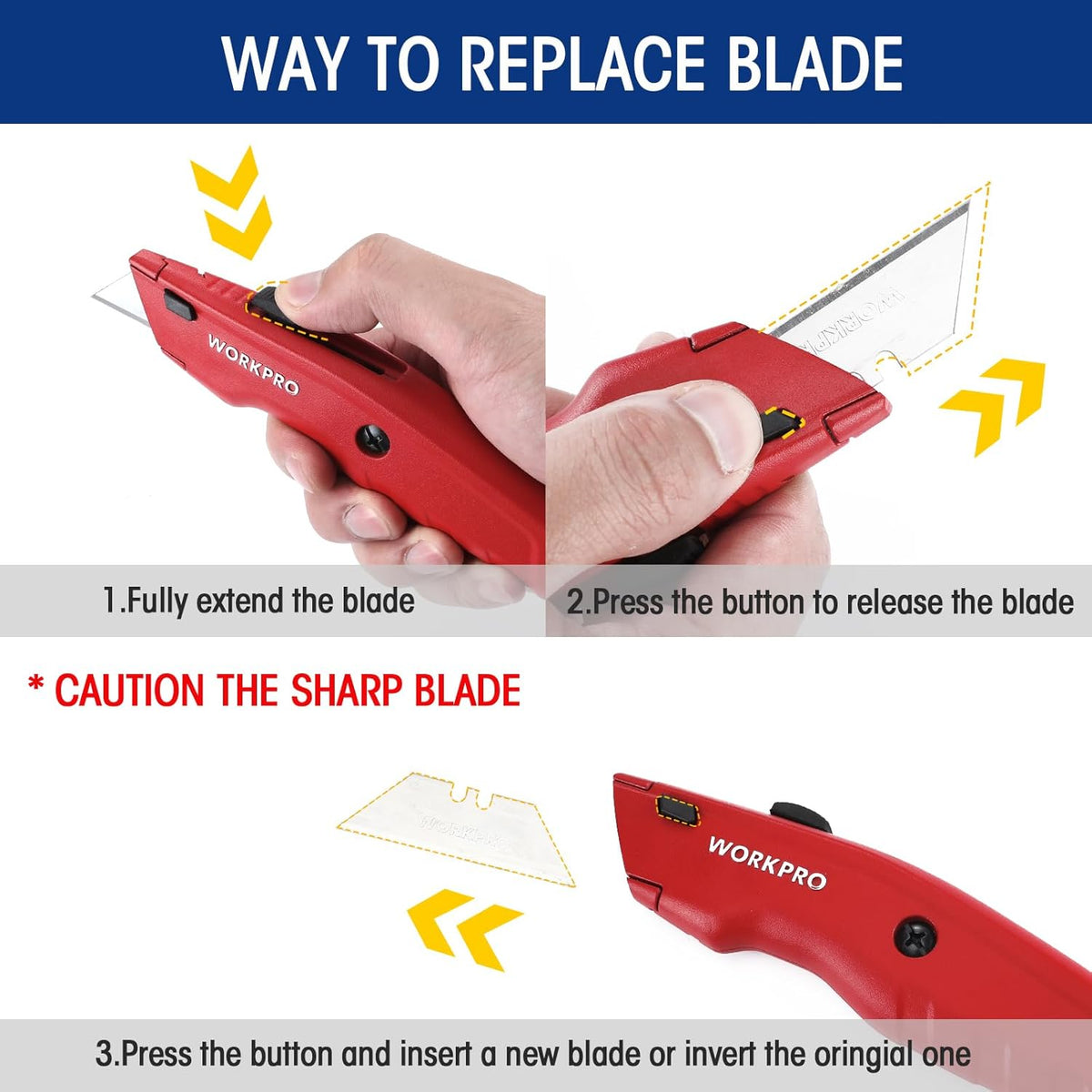 Red utility knife with blade release button shown for extending and retracting blade