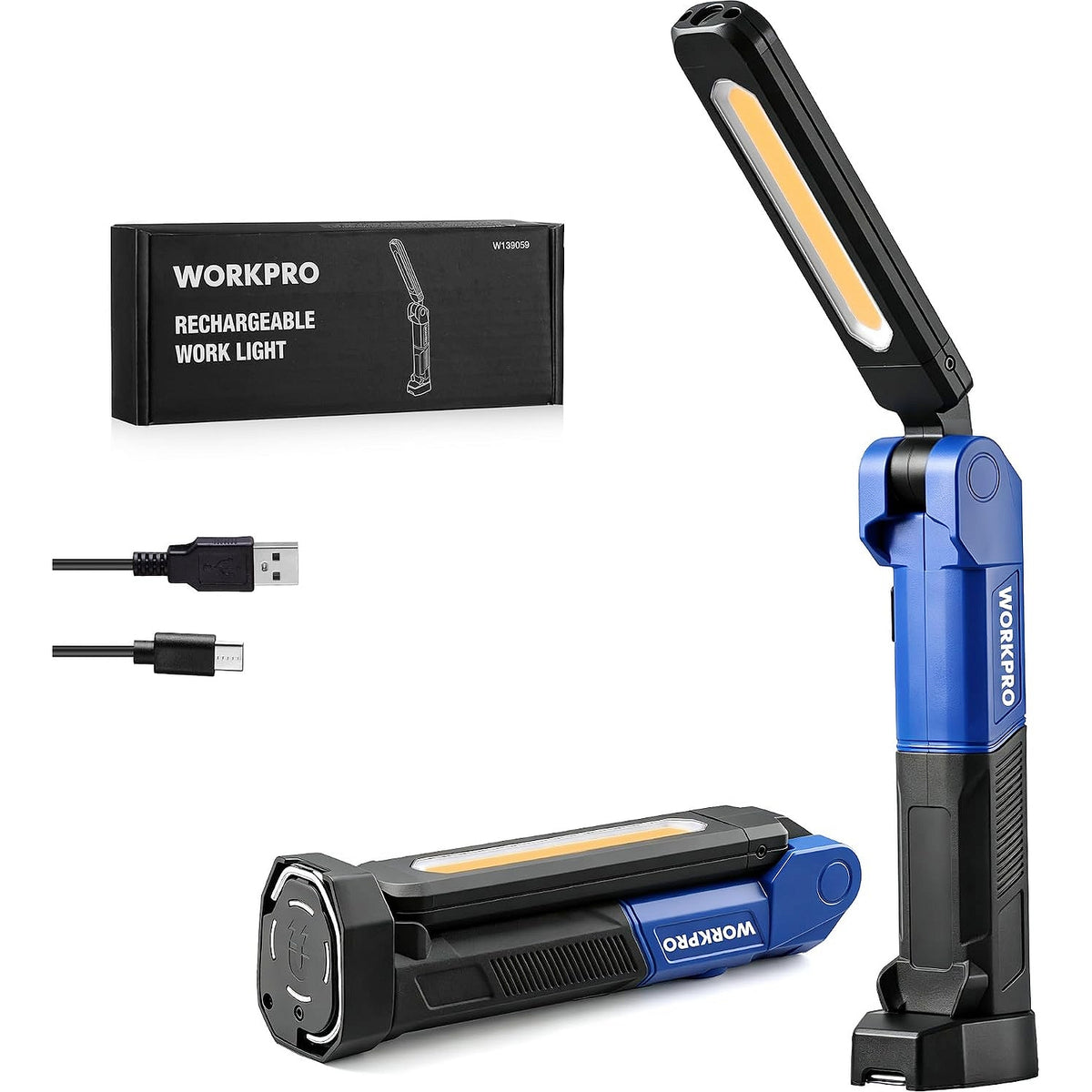 WORKPRO Magnetic LED Dual-Sided Work Light in blue and black with innovation, quality, and durable design
