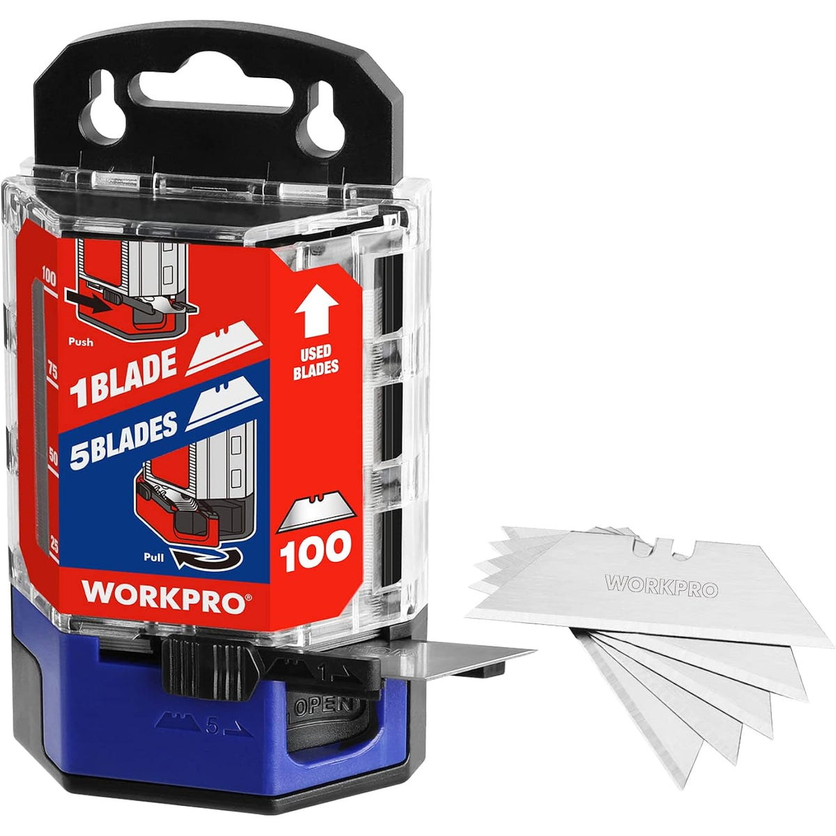 Clear-top utility knife blade dispenser with loose replacement blades, front close-up