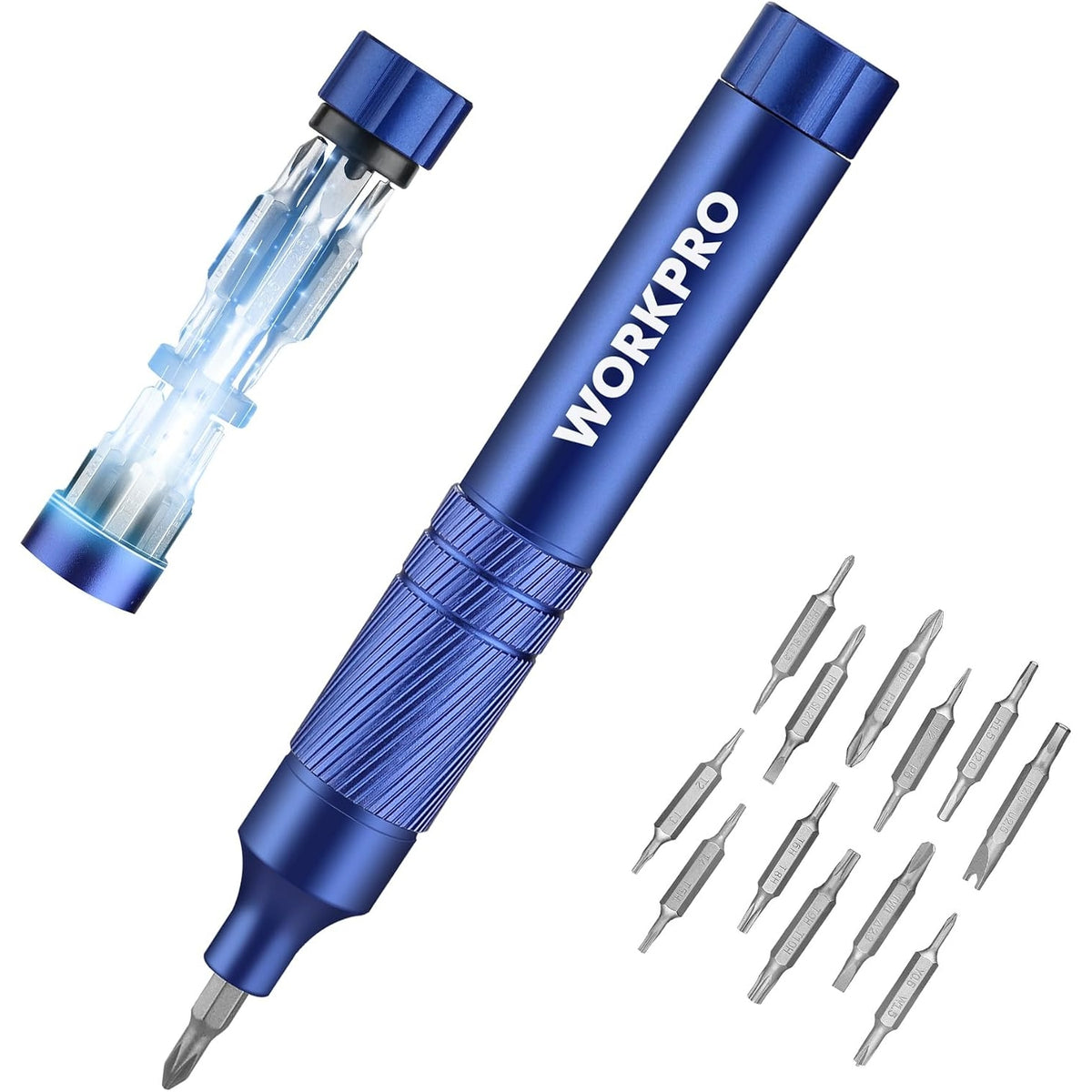 Workpro magnetic screwdriver set in blue with an aluminum handle, anti-slip knurling, and precision bits for electronics