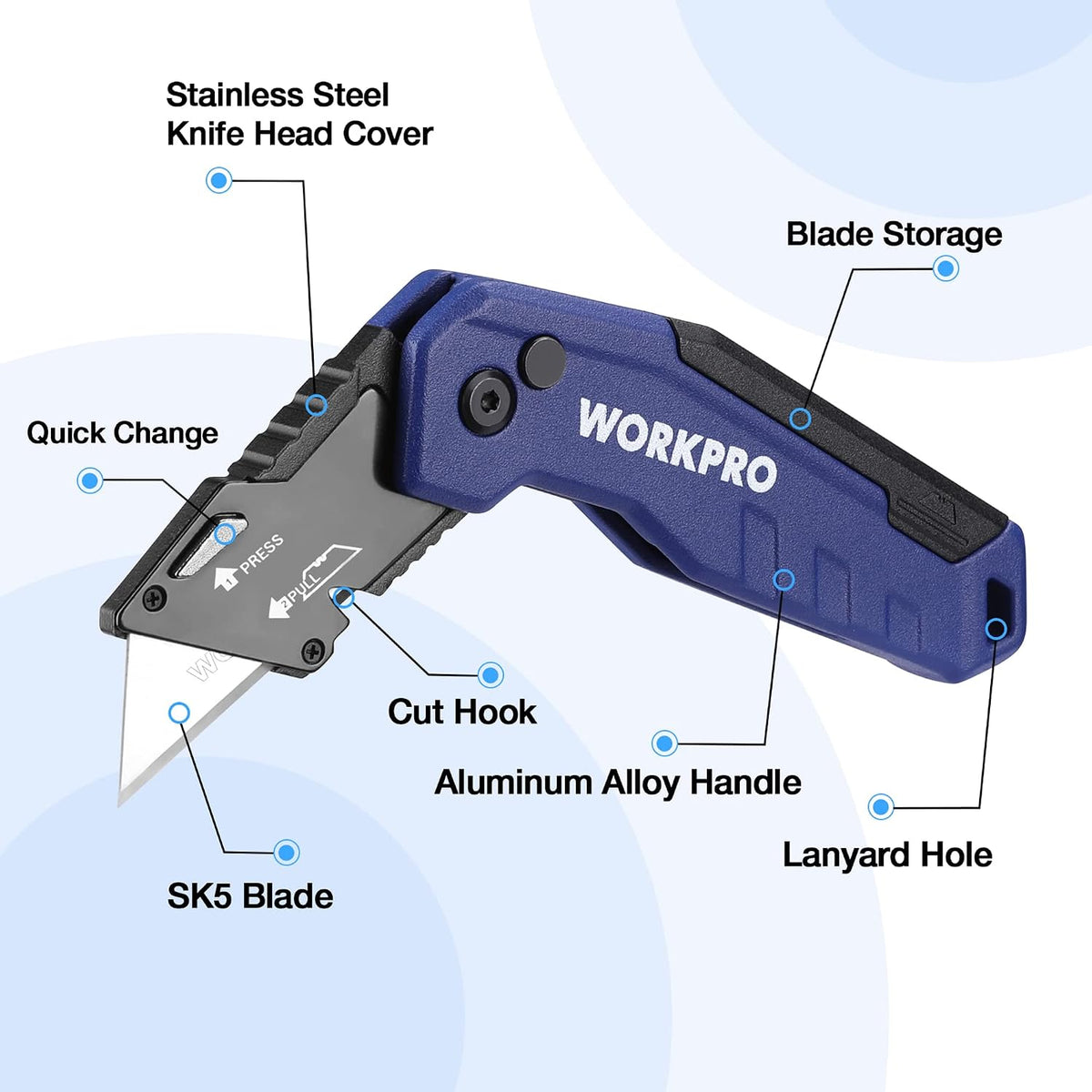 WORKPRO Folding Utility Knife blue handle with innovation and secure quick-change blade storage, quality