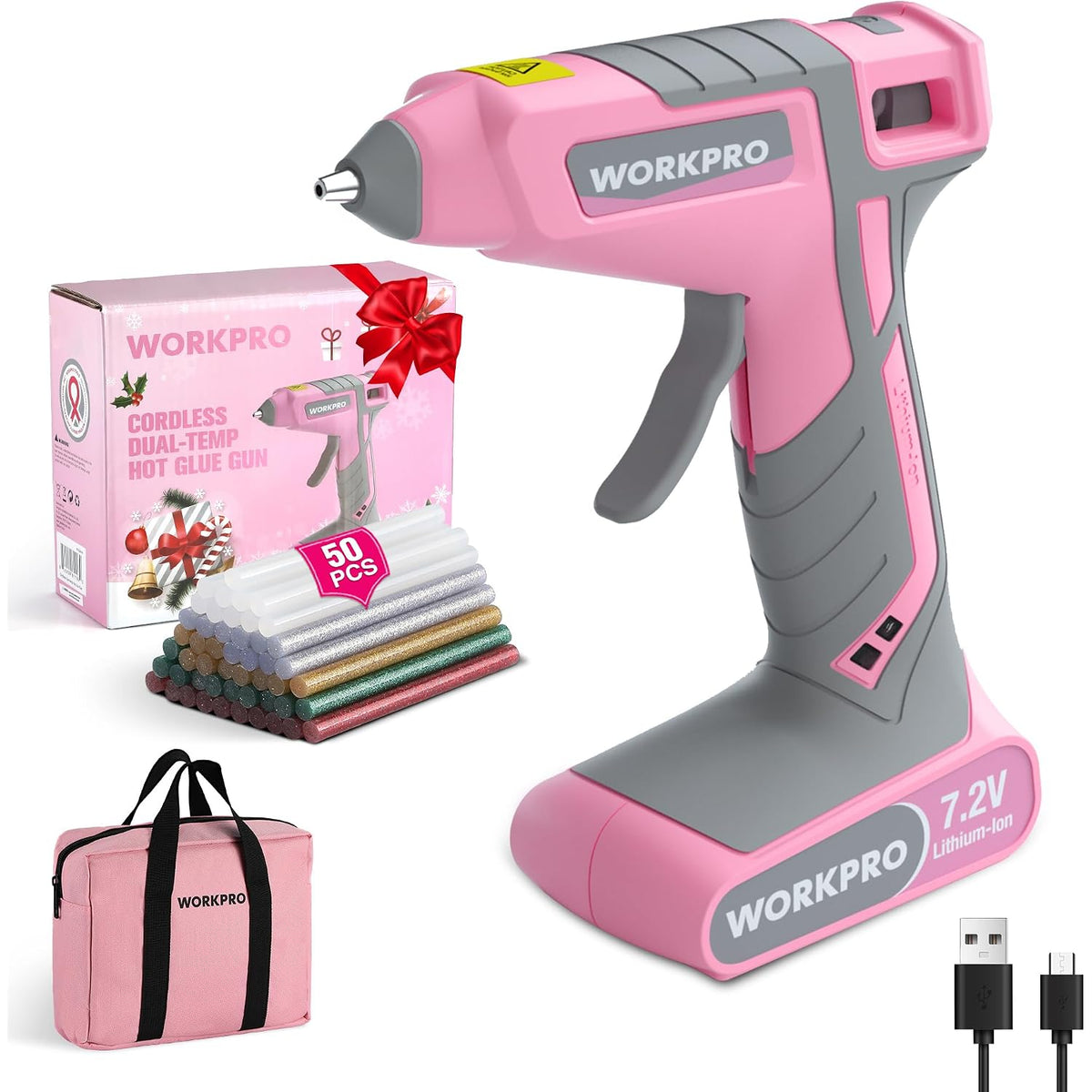 Pink WORKPRO cordless hot glue gun kit with box, mini glue sticks, and storage bag