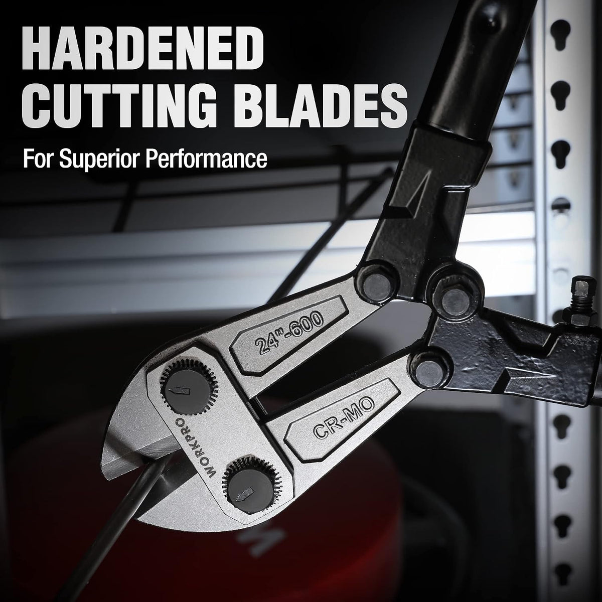 Workpro bolt cutter with bi-material grip in black and silver, featuring hardened jaws for bolts, rods, rivets and chain