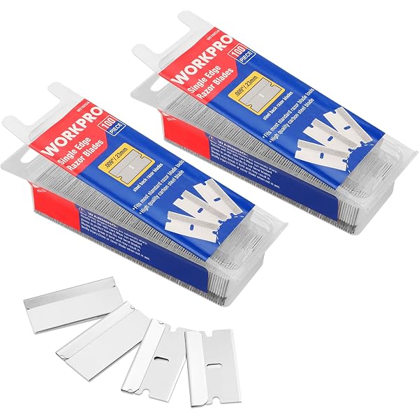 WORKPRO single-edge razor blade pack, high-carbon steel, silver blades with mounting tabs
