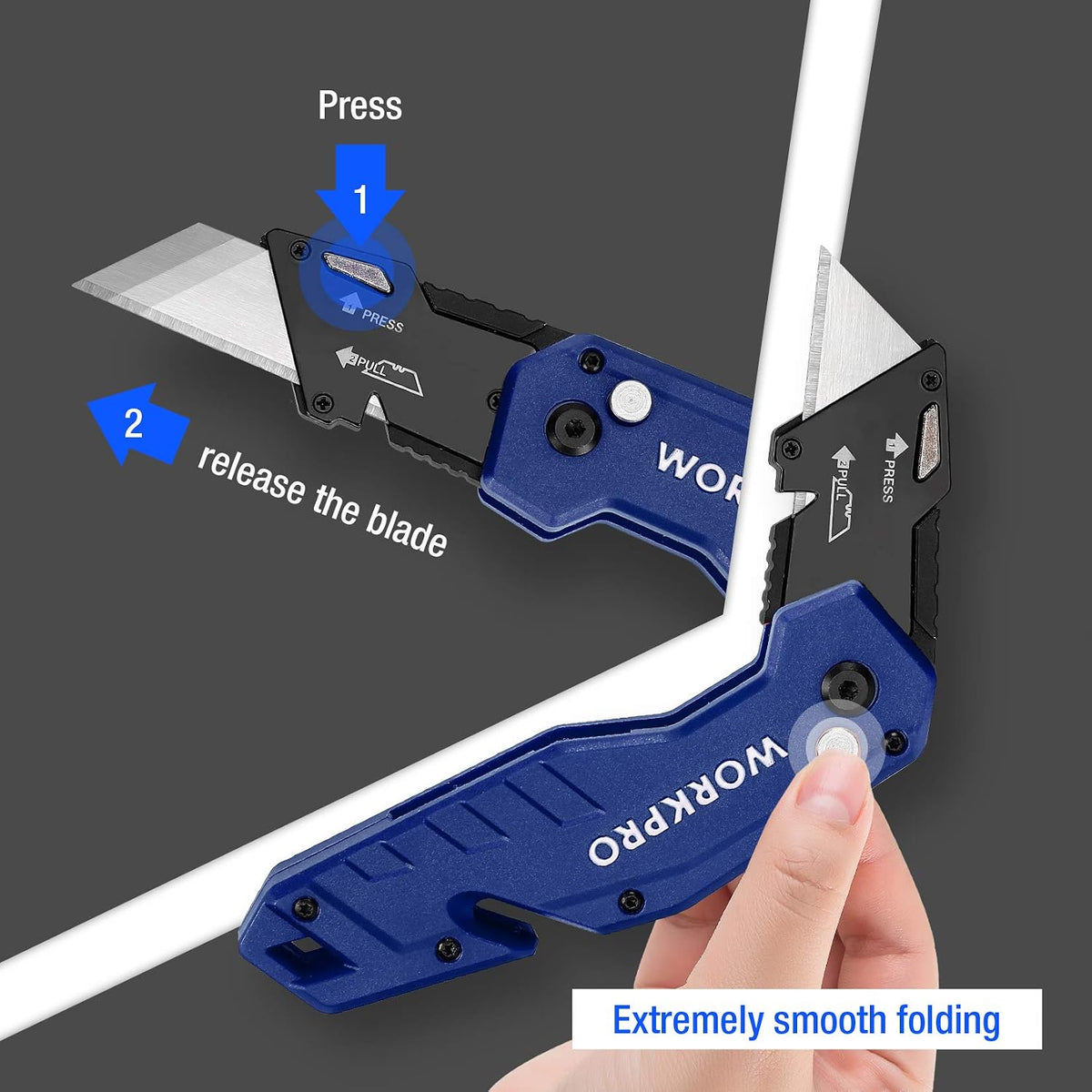 WORKPRO Folding Utility Knife with blue nylon handle, innovation and secure folding for durable, convenient quality