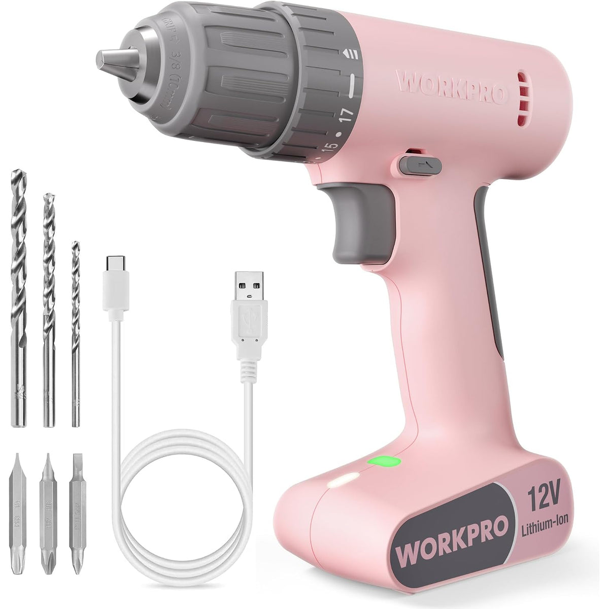 Pink cordless drill driver set with charger cable and assorted drill bits