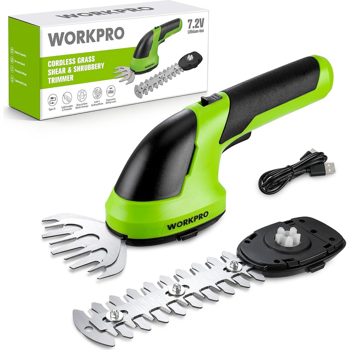 WORKPRO 2 in 1 handheld 7.2V cordless grass trimmer hedge trimmer in green with lightweight design innovation