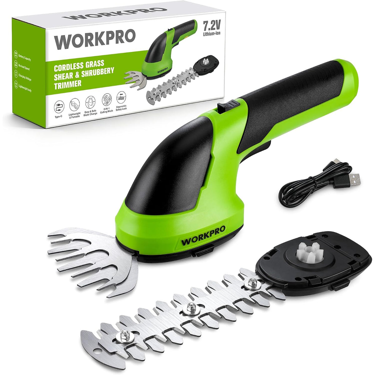 WORKPRO 7.2V cordless grass shear kit with lime green handle, black grip, and blades