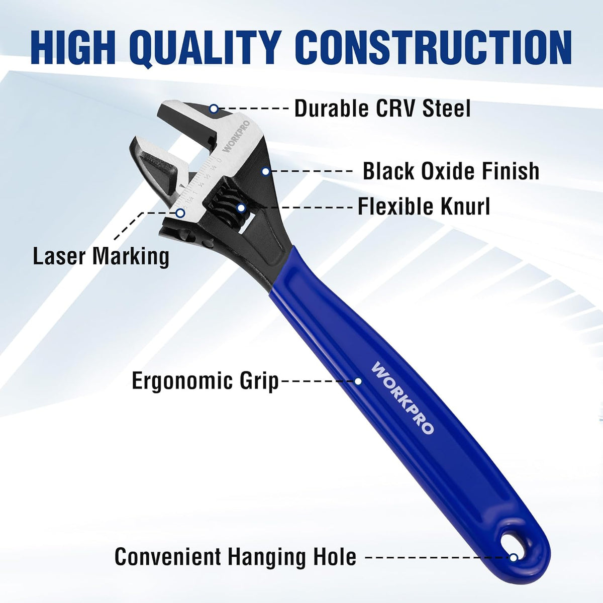 12-inch adjustable wrench with black oxide finish, knurled jaw adjuster, blue handle