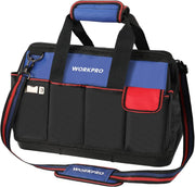 WORKPRO 18 inch tool tote bag in blue and black with red trim, durable quality and secure organization