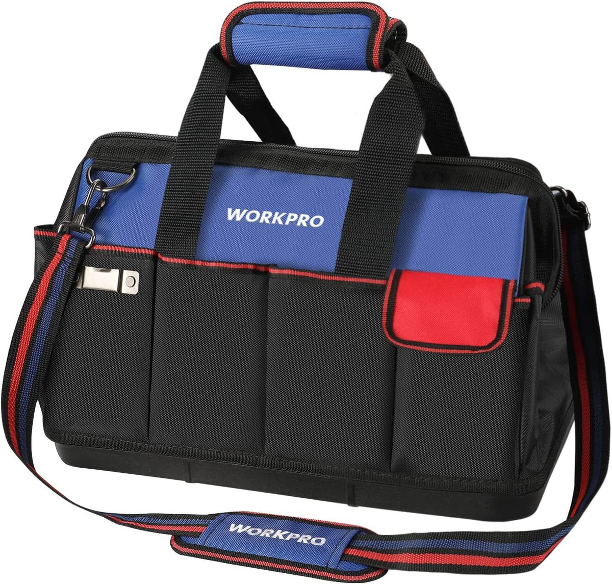 WORKPRO 18 inch tool tote bag in blue and black with red trim, durable quality and secure organization