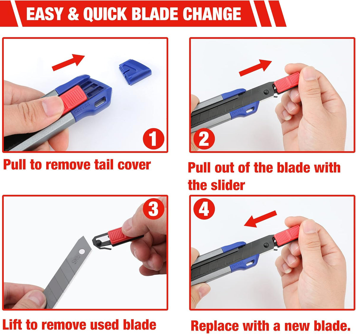 WORKPRO utility knife blade-change system with red slider, showing new blade replacement