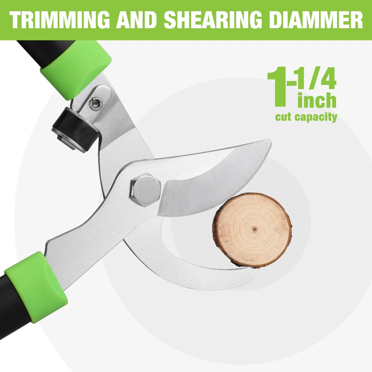 Bypass lopper trimming a small log; silver blades, green grips, up to 1-1/4 in