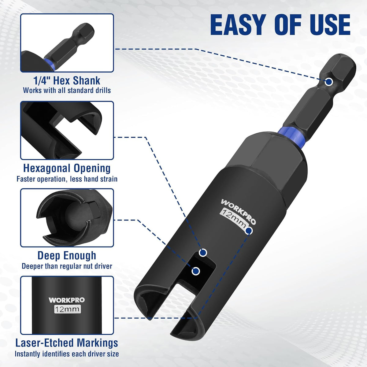 Wing nut driver bit with 1/4 hex shank, black socket body and blue collar