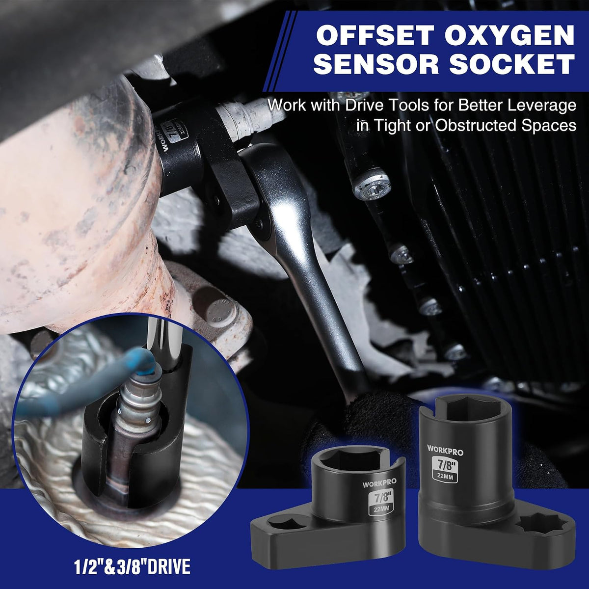 Oxygen sensor socket wrench tool set in use near engine components