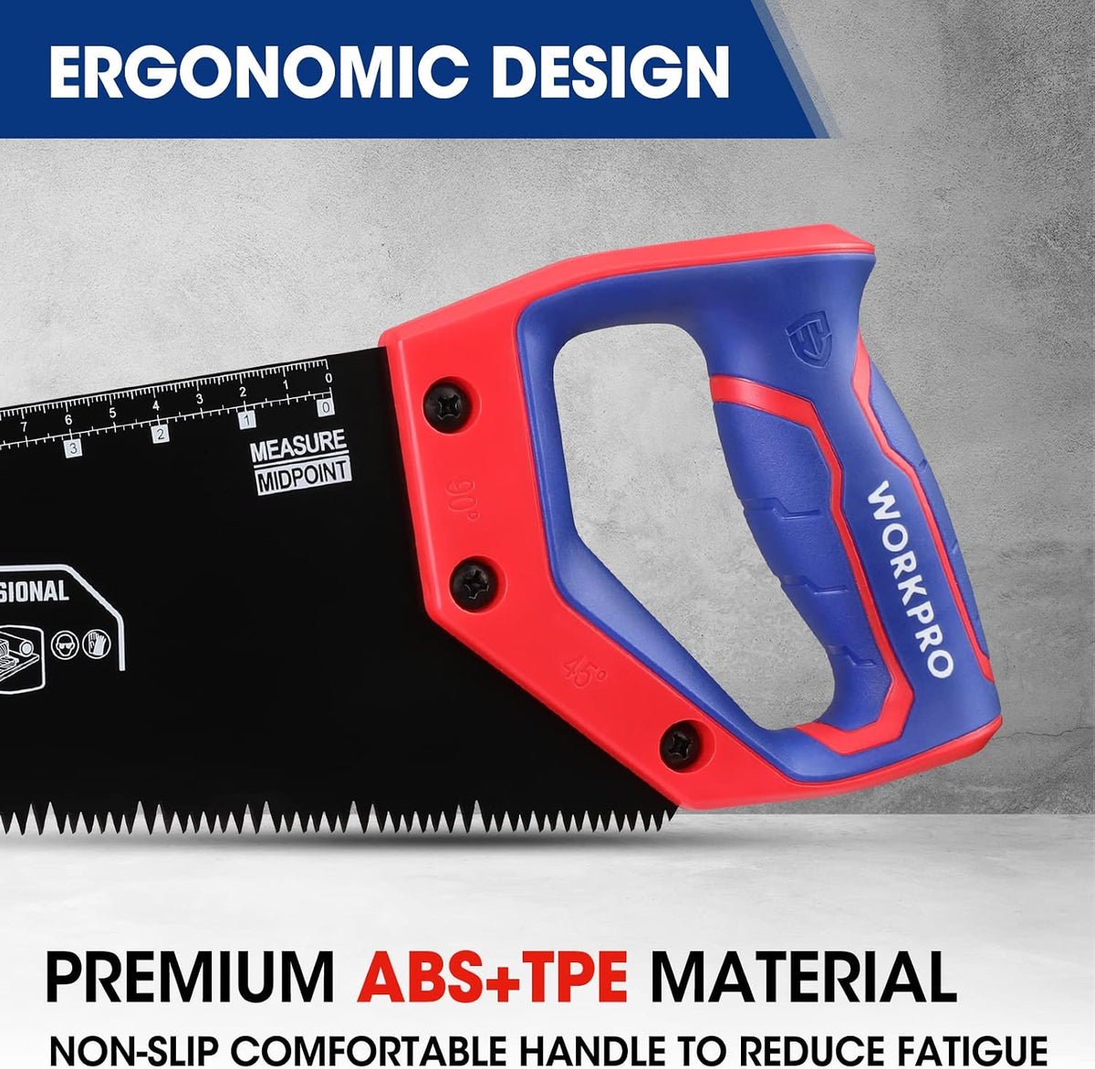 Workpro 16 inch universal handsaw with non-slip comfortable handle in red and blue, featuring ABS and TPE materials