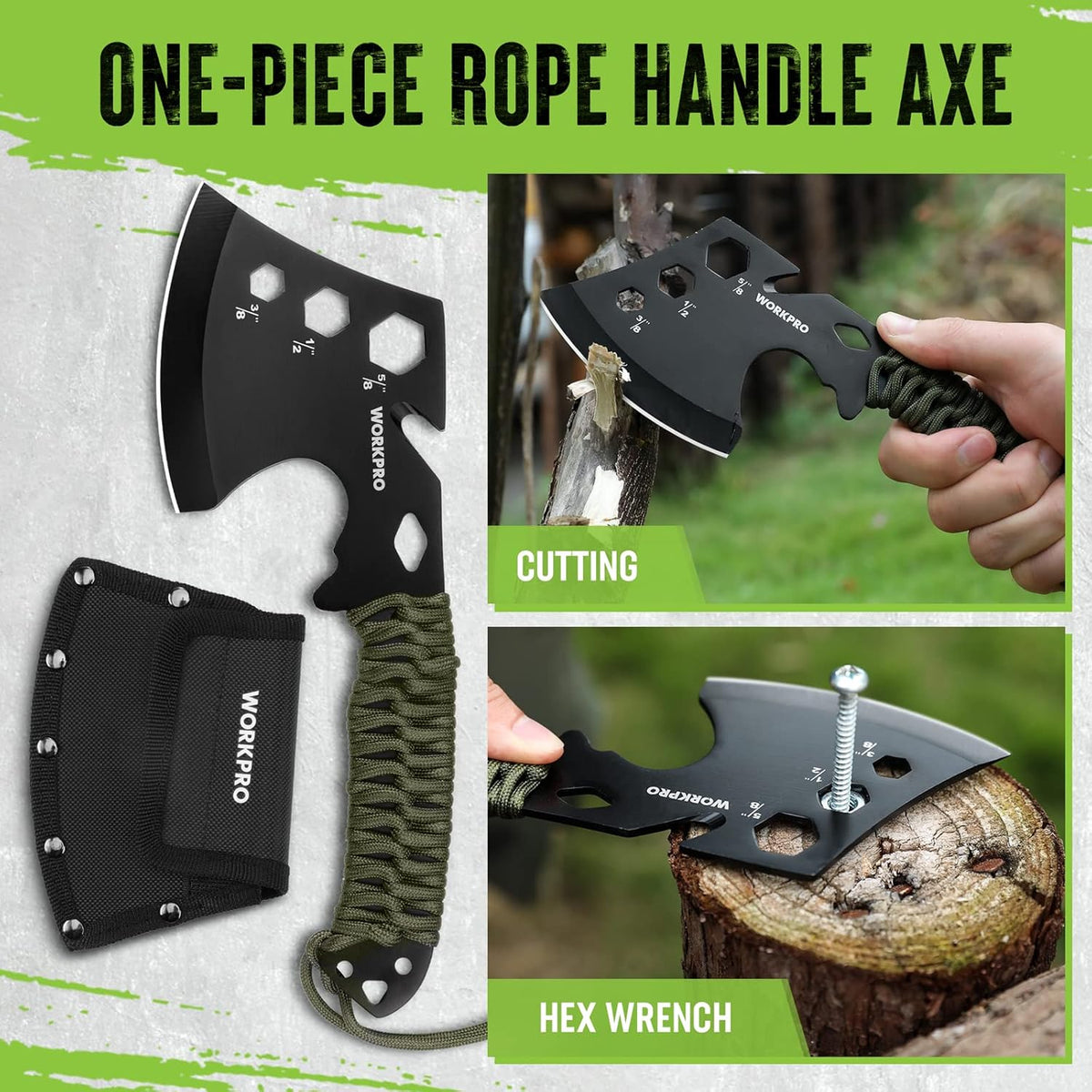 One-piece camping axe with paracord handle, black sheath, and hex wrench tool
