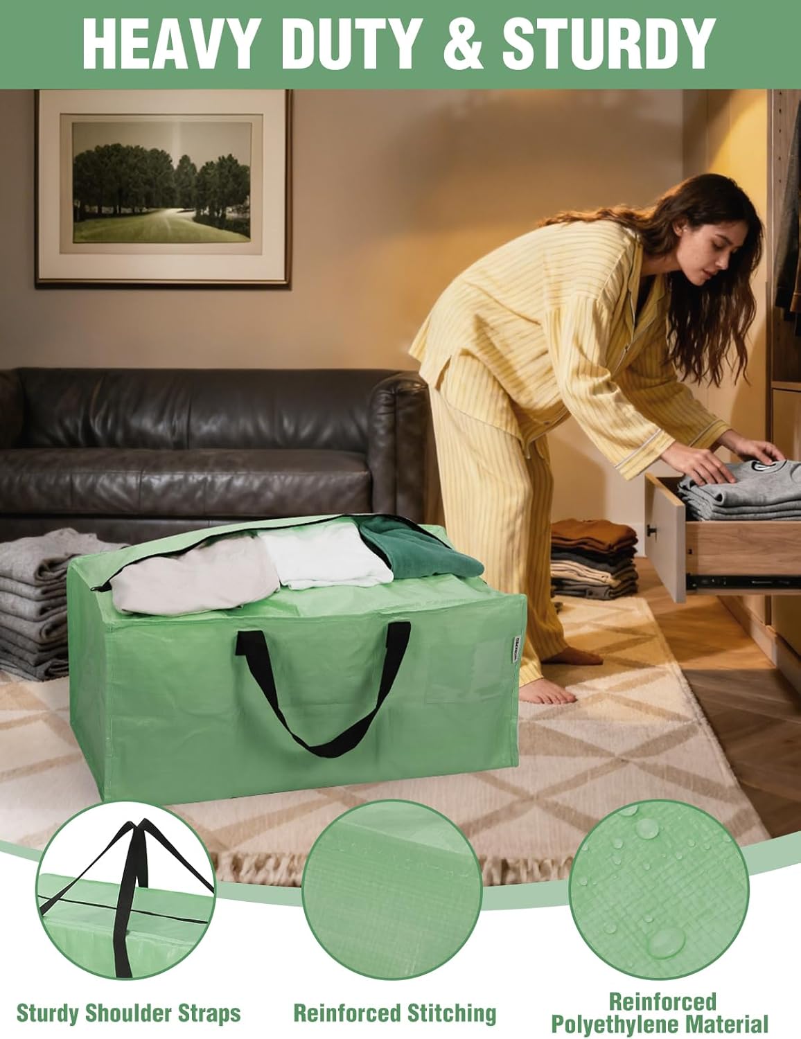Green heavy-duty moving tote with black U-handles and shoulder straps, reinforced seams